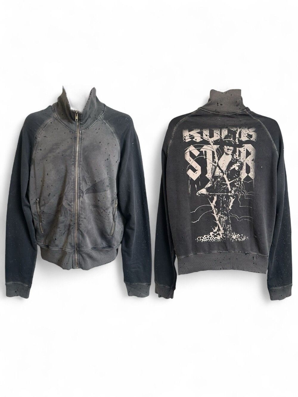 NWT Rockstar Sushi Mens M Fulll Zip Distressed Knit Jacket Back Print VF027 Gray